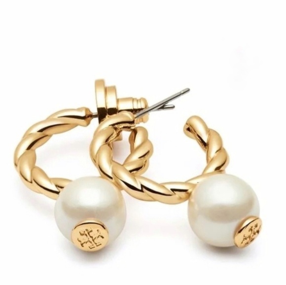 Tory Burch Jewelry - Tory Burch gold rope hoop pearl drop earrings